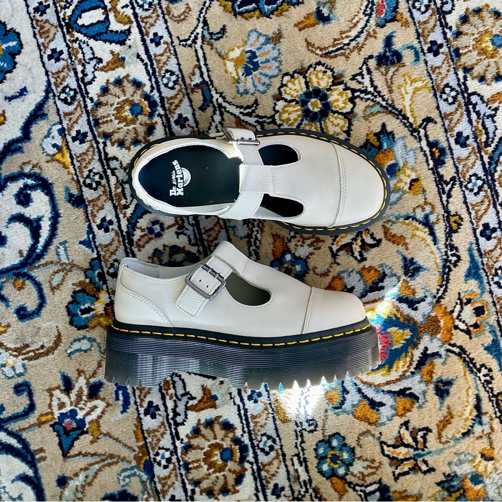Beige Doc Martens Platform Benthan Buckle